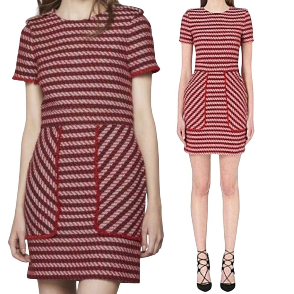 Maje Riola Striped Tweed Mini Sheath Dress Short Sleeve Red Black Womens Size 2
